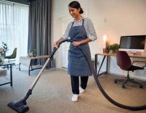 une femme de menage entrain de passer l'aspirateur chez un client