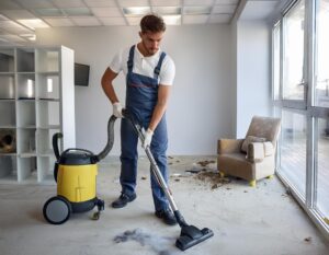 un homme en bleu de travail qui passe l'aspirateur dans un bureau sale et poussiereux apres des travaux de rénovation