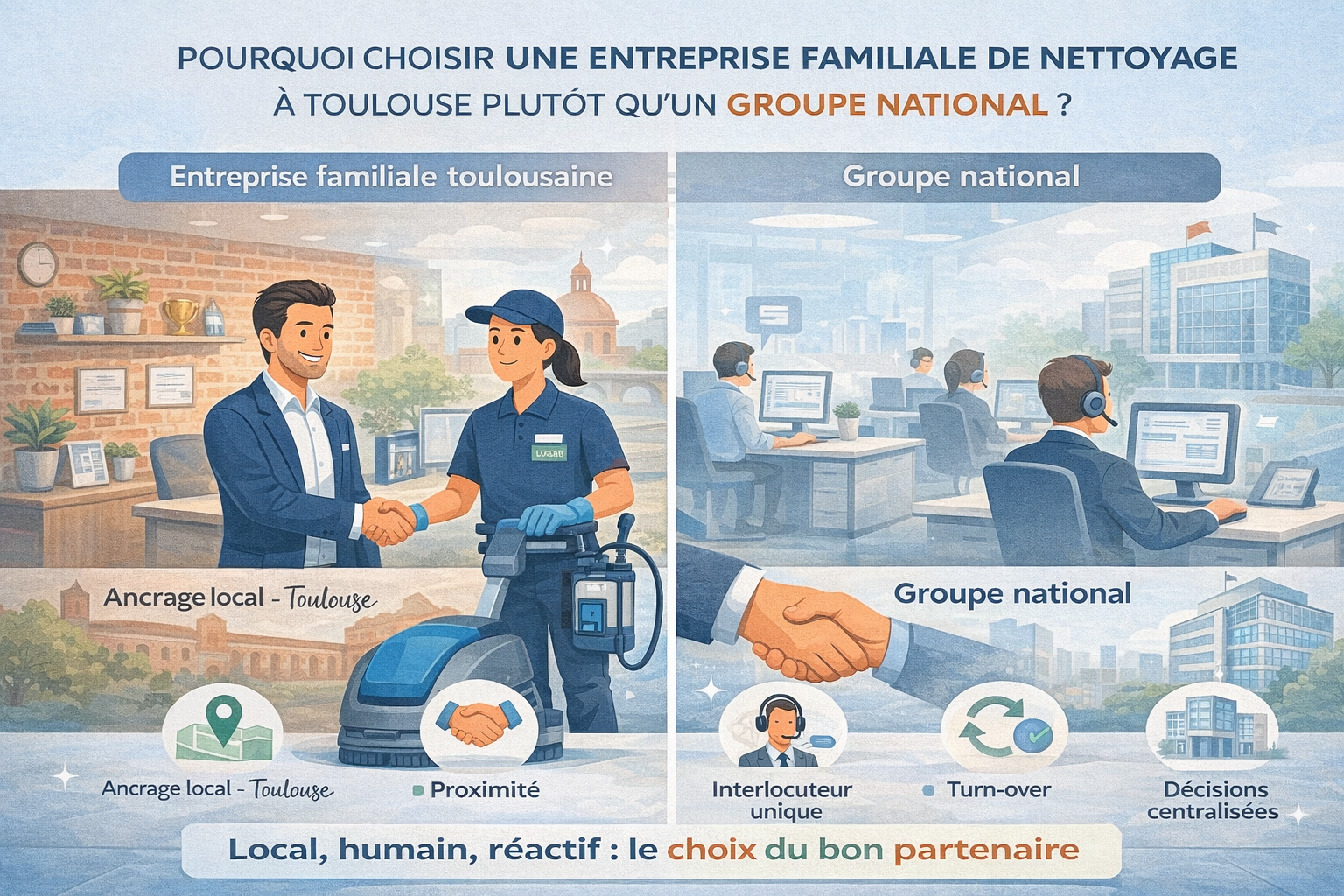 Pourquoi choisir une entreprise familiale de nettoyage à Toulouse plutôt qu'un groupe national ?