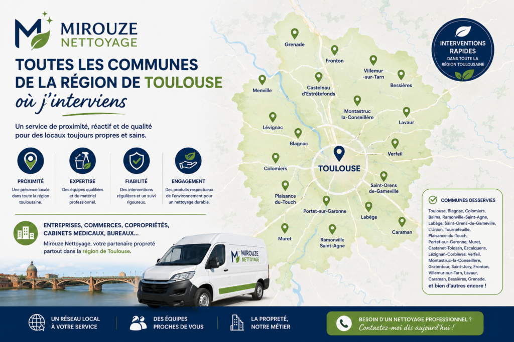 Mirouze Nettoyage : toutes les communes de la région de Toulouse où j’interviens